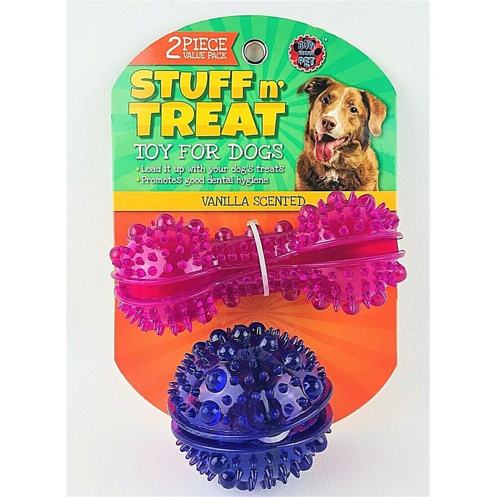 Stuff n Treat Dog Toy Vanilla Scented Dental Hygiene 2 pc Set Pink/ Purple